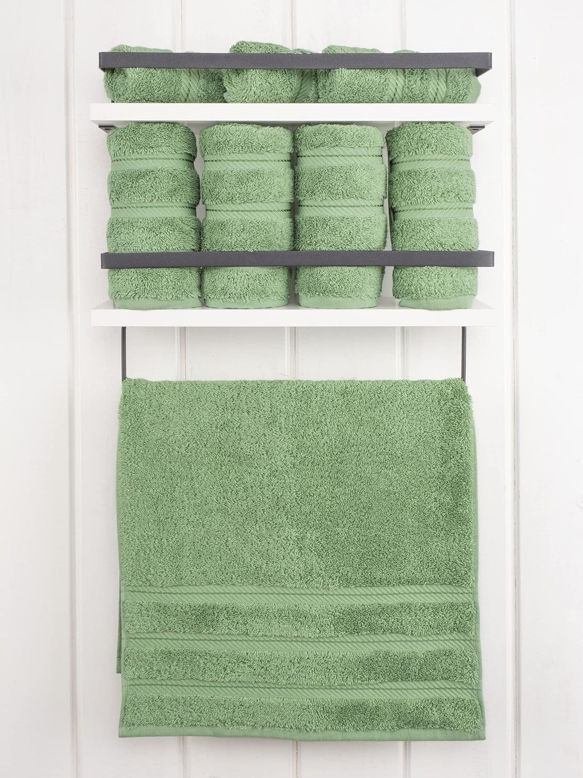 American Soft Linen sage green hand towels folded stack demonstrates compact storage