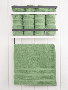 American Soft Linen sage green hand towels folded stack demonstrates compact storage