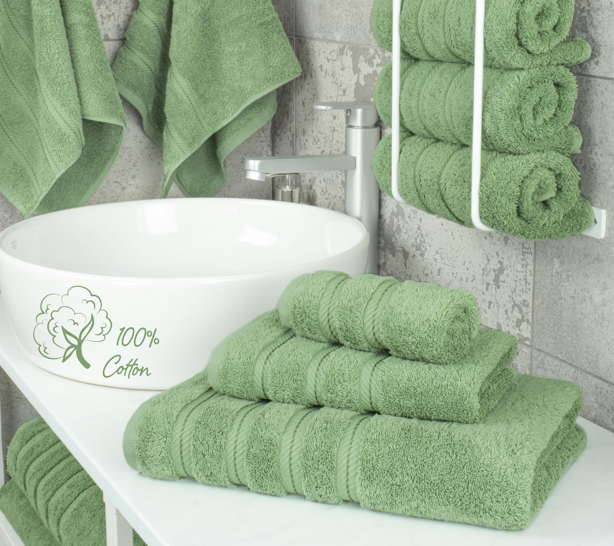 American Soft Linen Sage hand towel folded on rack highlights generous size and plush feel