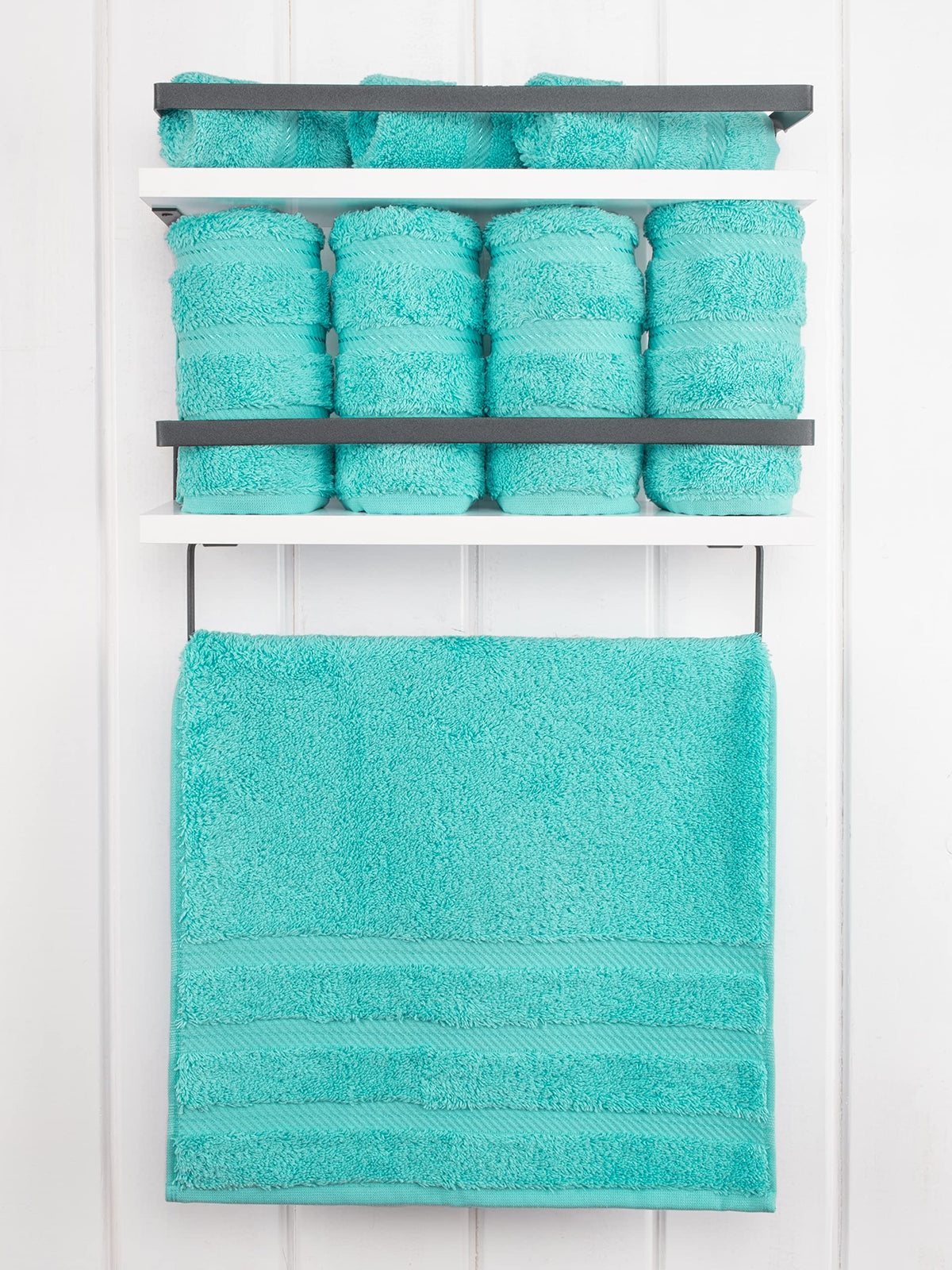 American Soft Linen turquoise towels, folded set, hotel-grade softness at home.