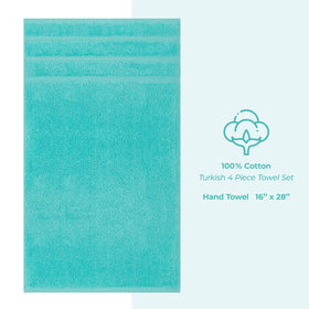 Turquoise bathroom display with American Soft Linen towels for spa-like feel.