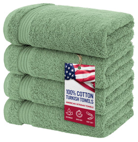 American Veteran Towel sage green 4-piece set laid out for bathroom daily use with plush softness.