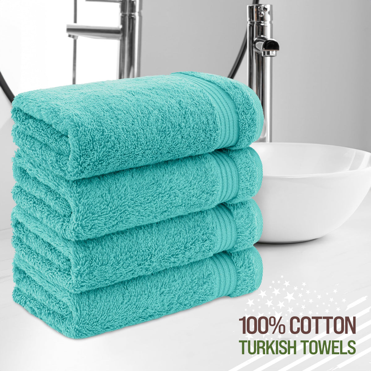 American Veteran Towel turquoise hand-towels set four pieces laid out for bath use