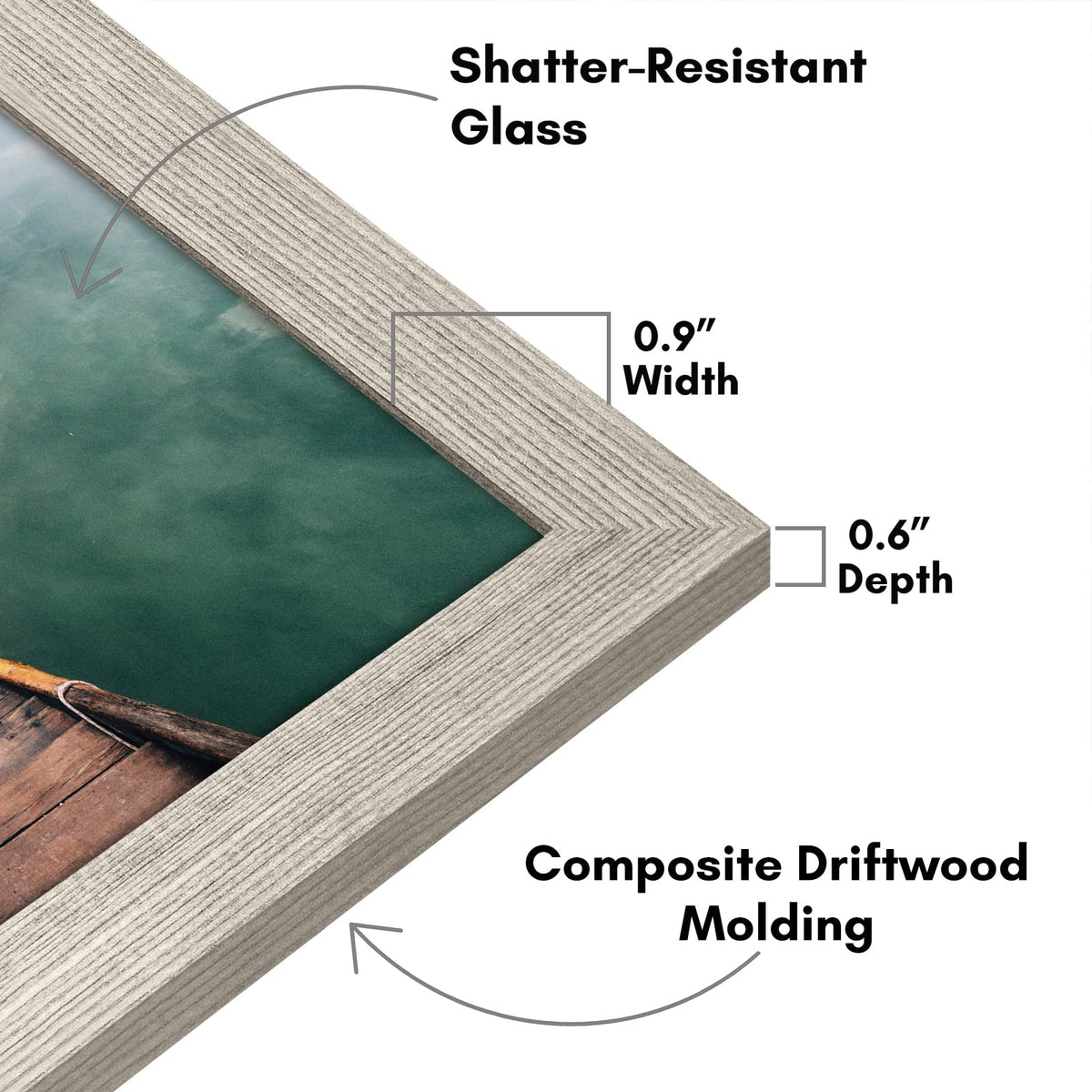 Americanflat 12x18 driftwood frame side view highlights woodgrain.
