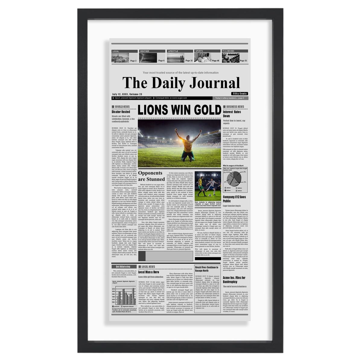 Americanflat 15x26 newspaper frame with floating front highlighting the article display