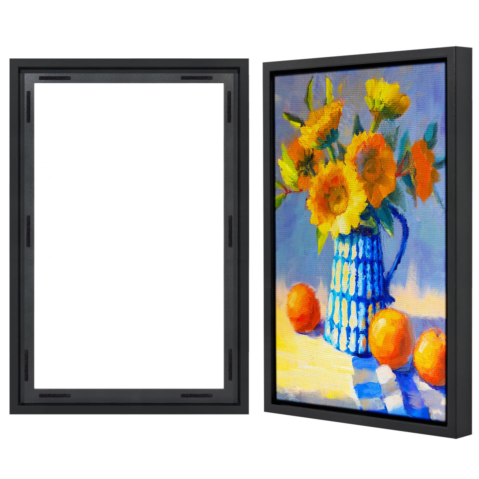 Americanflat 16x24 canvas floating frame with adhesive strips shows tool-free hanging.