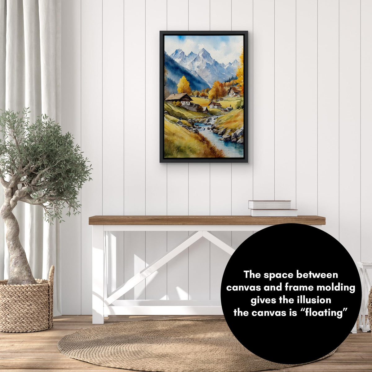 Americanflat frame accommodates canvases up to 1 inch deep for floating effect.