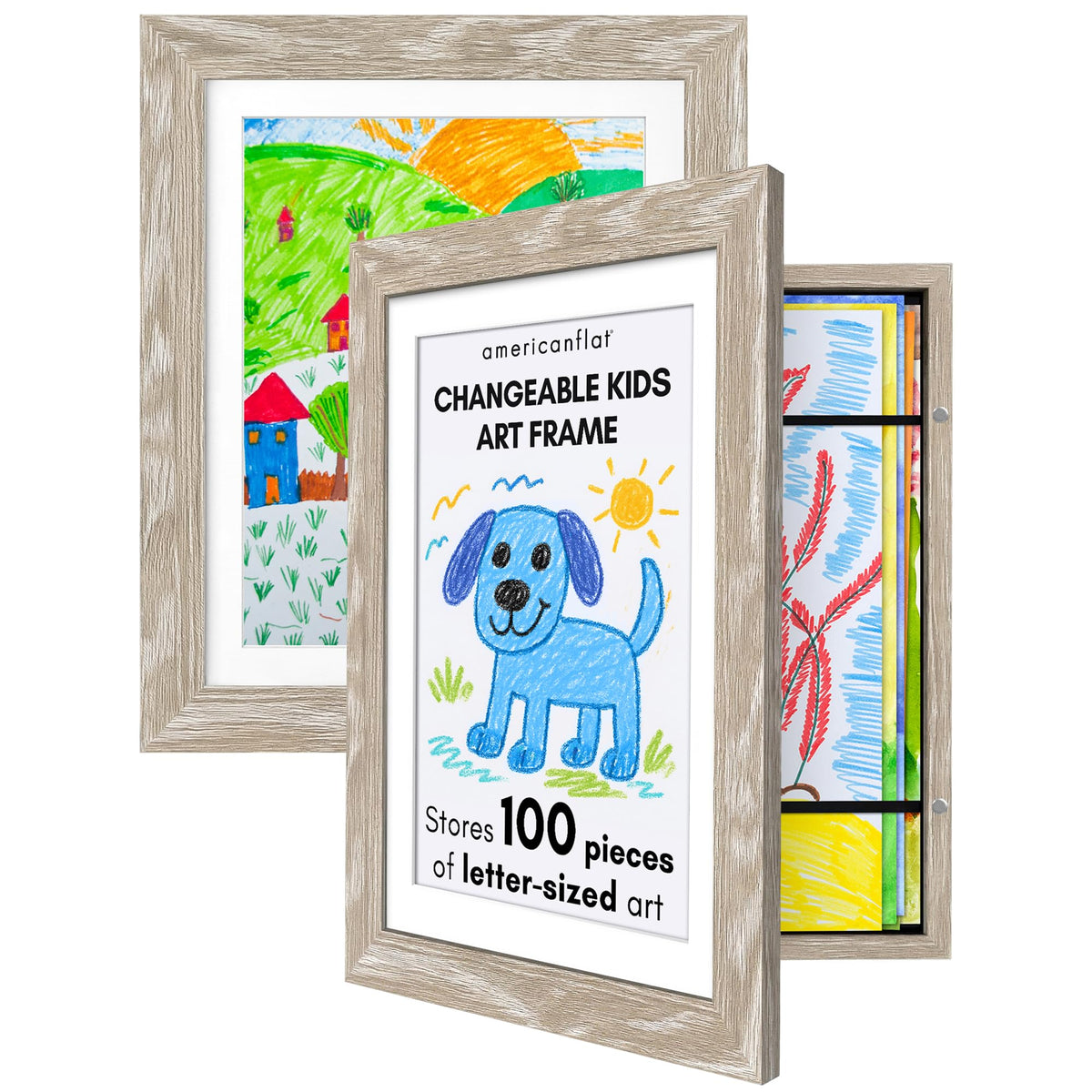 Americanflat driftwood kids art frame front view with rotating display.