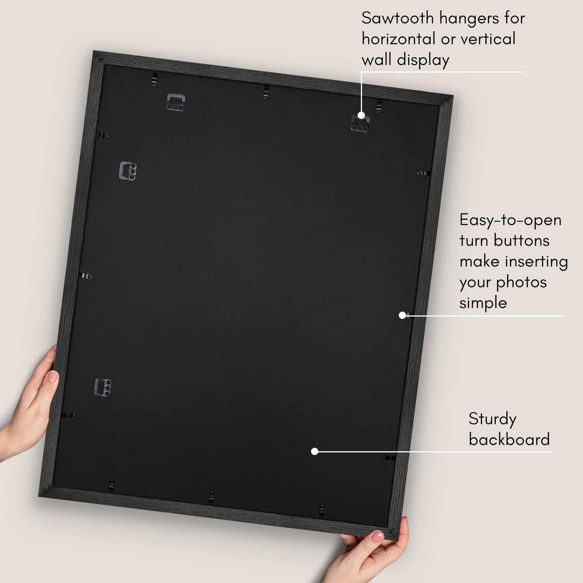 Americanflat frame features easy photo swapping with turn buttons for quick updates.