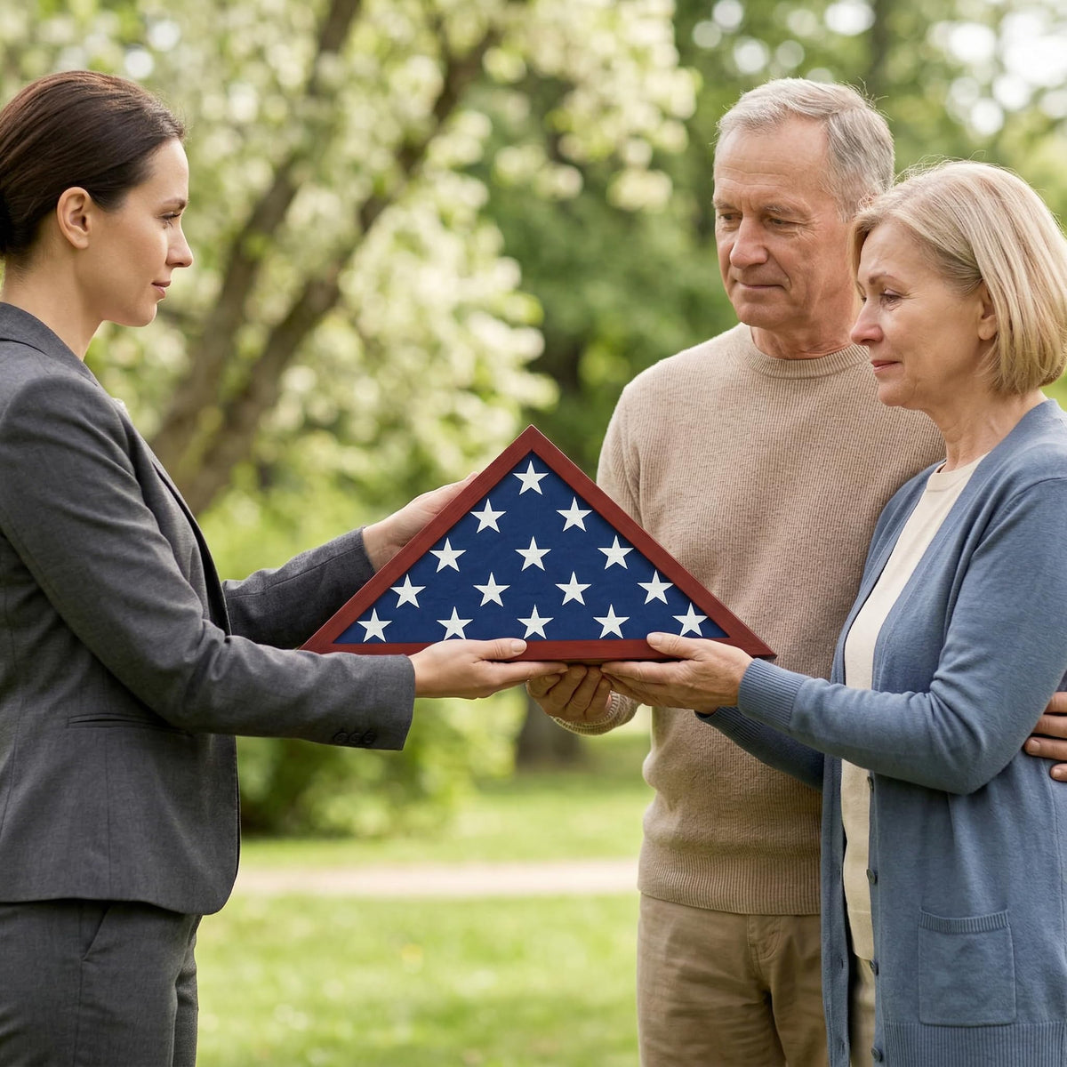 Americanflat engineered wood display case provides durable support for flags.