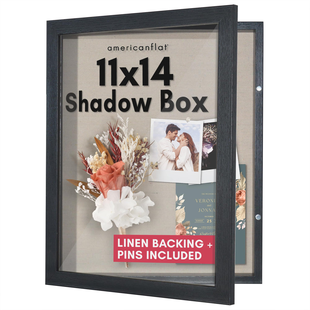 Americanflat front-opening shadow box 11x14 in black displays memories with easy access.