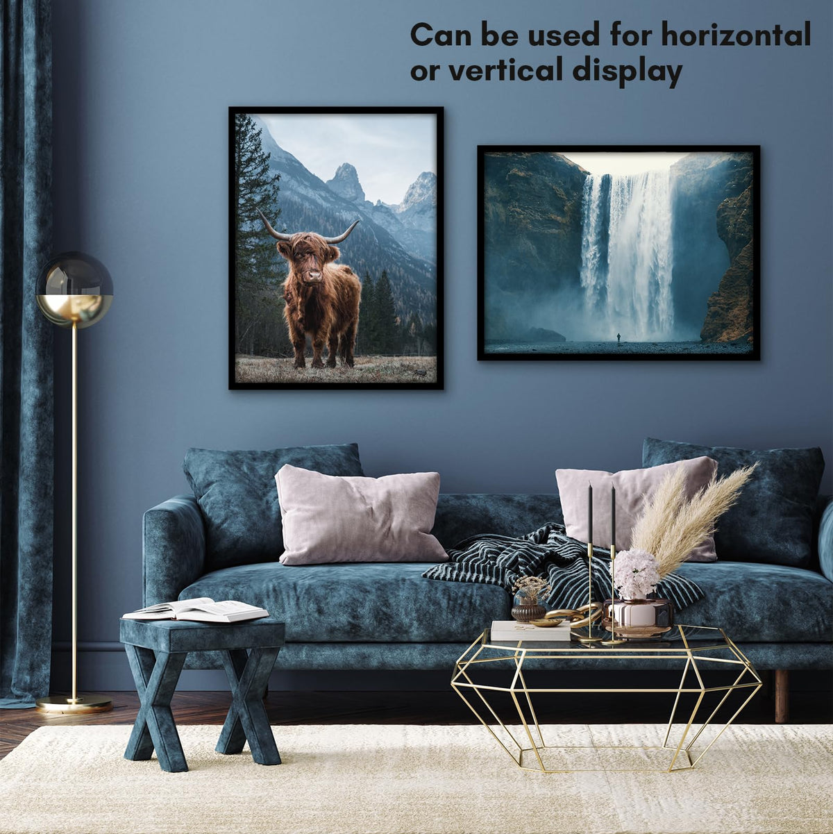 Americanflat hanging hardware supports vertical or horizontal wall layouts.