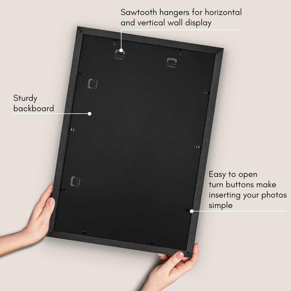 Americanflat hanging hardware supports vertical or horizontal wall layouts.