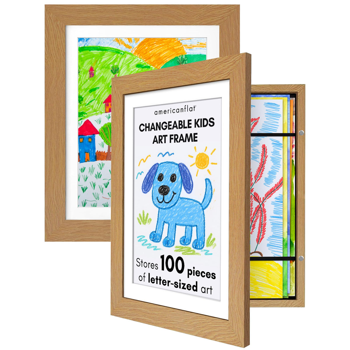 Americanflat Kids Artwork Frame with magnetic door, front view ready for quick swaps.