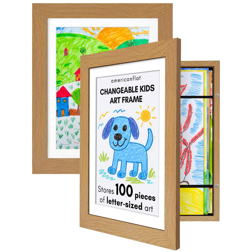 Americanflat Kids Artwork Frame with magnetic door, front view ready for quick swaps.