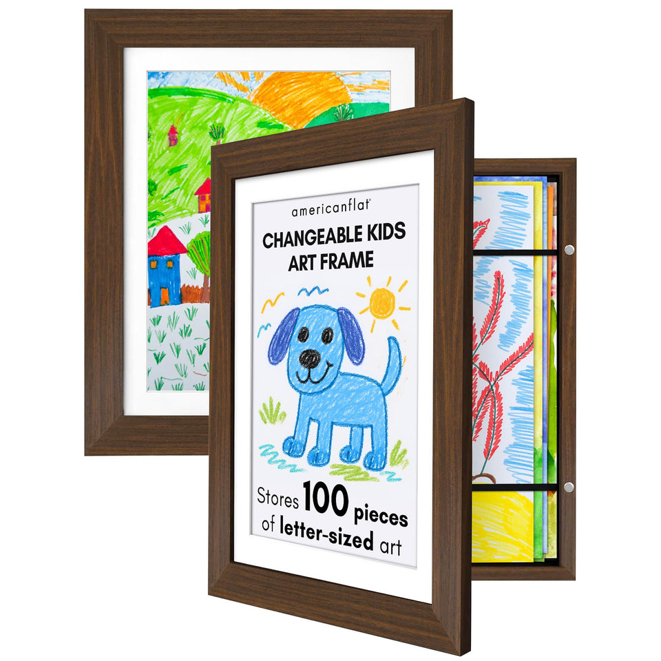 Americanflat My Mini Masterpiece walnut front view for wall display of kid art