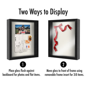 Americanflat 11x14 shadow box tabletop display showing memories on a sturdy base.