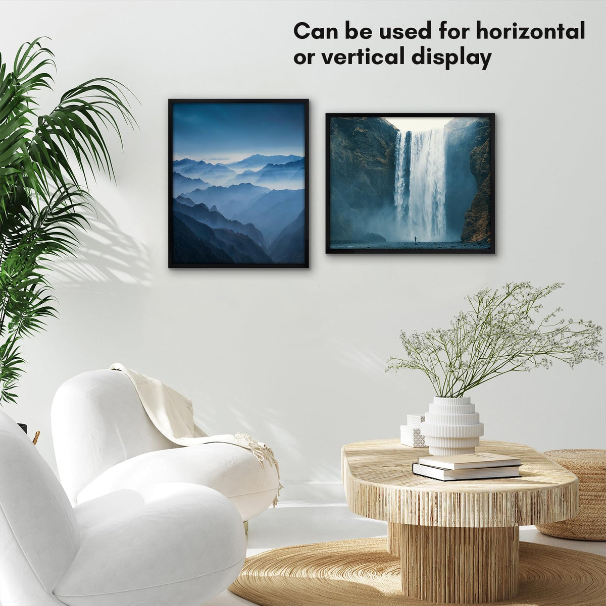 Frame supports versatile vertical or horizontal display on walls