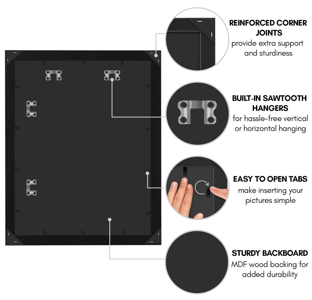Americanflat frame includes hanging hardware for vertical or horizontal wall displays.