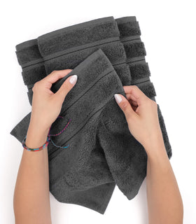 American Soft Linen dark gray hand towel 16x28 stacked for display and organization