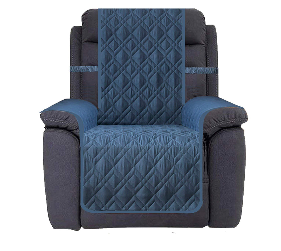 Ameritex blue recliner cover close-up showing waterproof fabric and snug fit