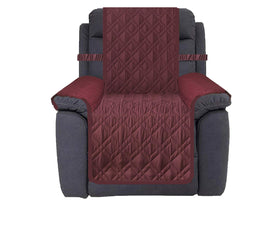 Ameritex burgundy waterproof recliner cover properly fitted on chair for spill protection