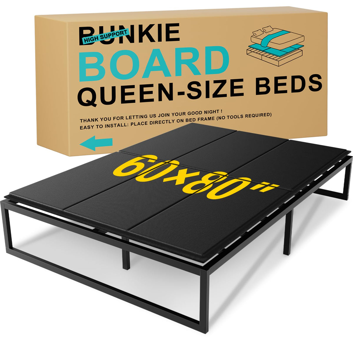 Ameruse Queen Bunkie Board setup shows easy, tool-free placement under a mattress.