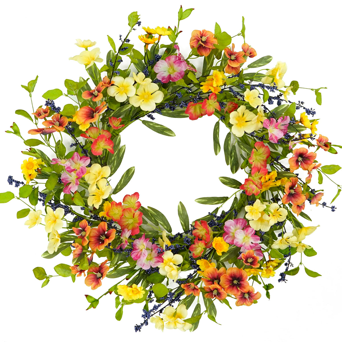 AMF0RESJ 20-inch spring wreath on front door adds vibrant color for entryway appeal.