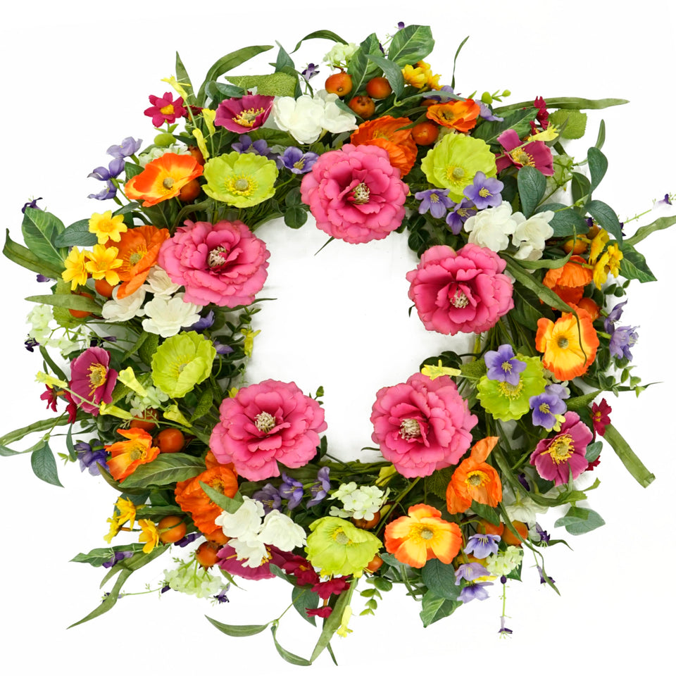 AMF0RESJ artificial spring wreath on front door, 22-inch size, welcoming entry.