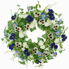 AMF0RESJ artificial spring wreath with pansy blooms for a welcoming front door display