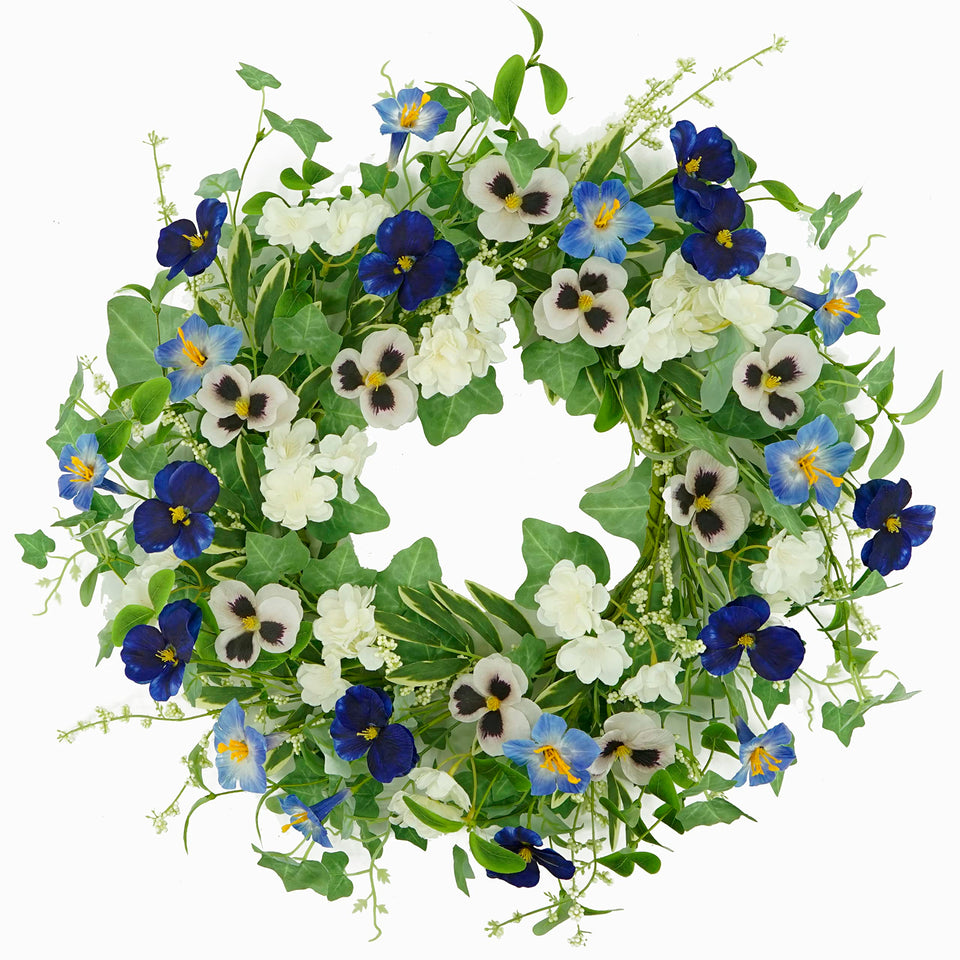 AMF0RESJ artificial spring wreath with pansy blooms for a welcoming front door display
