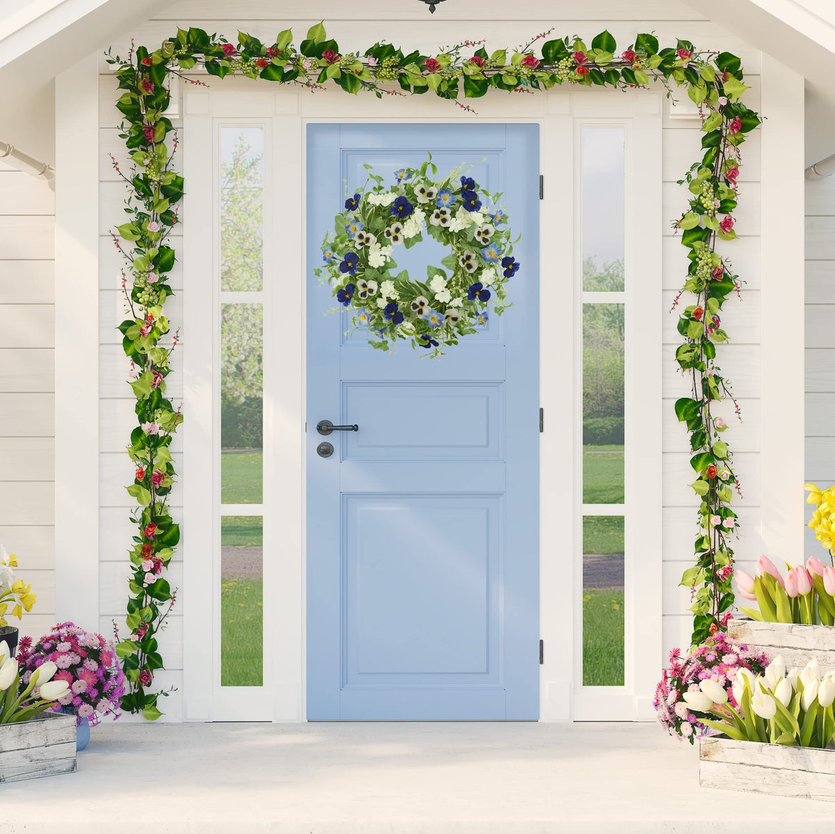 AMF0RESJ wreath featuring lavender morning glory for a fresh garden vibe