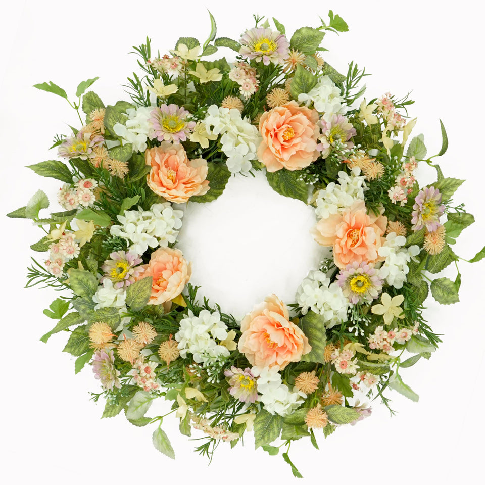 AMF0RESJ daisy wreath on front door adds welcoming farmhouse charm.