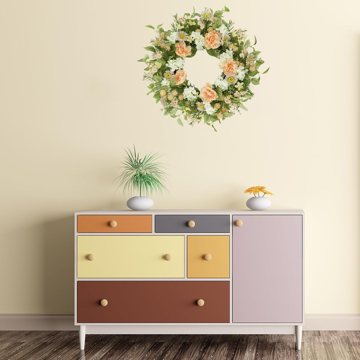 AMF0RESJ wreath on wall adds seasonal warmth to any room.