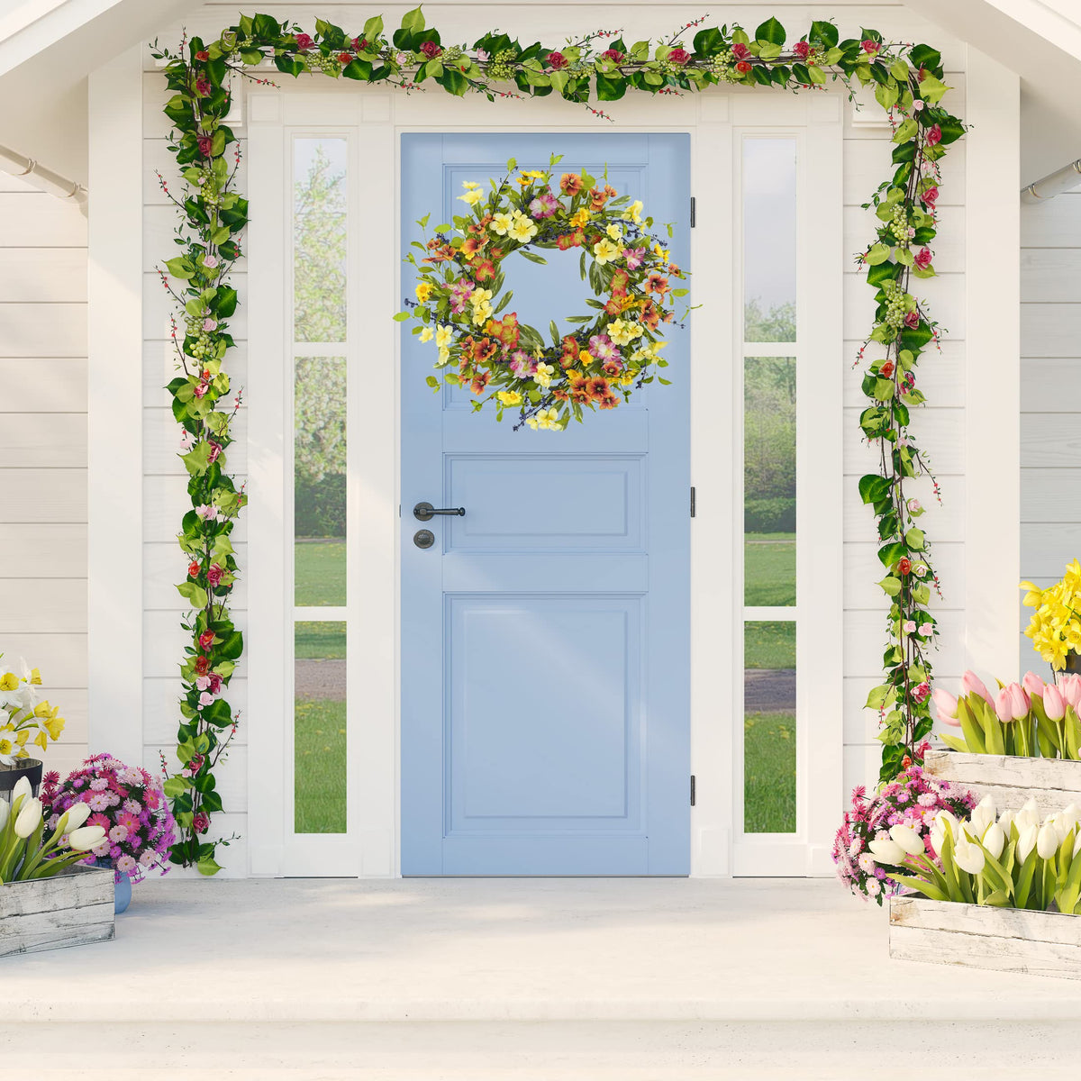 AMF0RESJ wreath with wildflowers, eucalyptus and olives offers year-round charm.