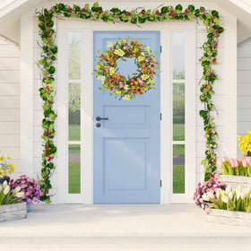 AMF0RESJ wreath with wildflowers, eucalyptus and olives offers year-round charm.