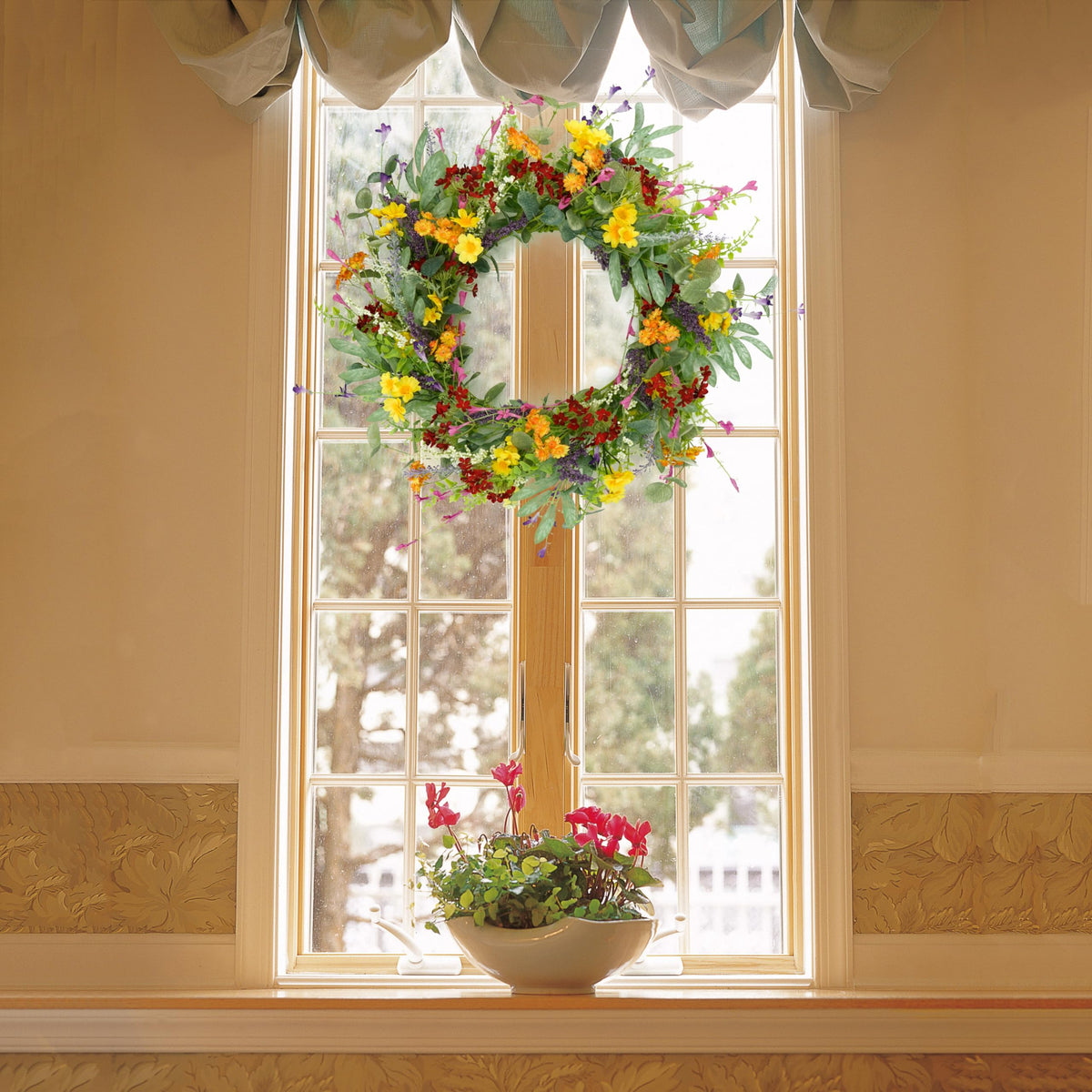 AMF0RESJ yellow daisy wreath color pop enhances porch or hallway decor.