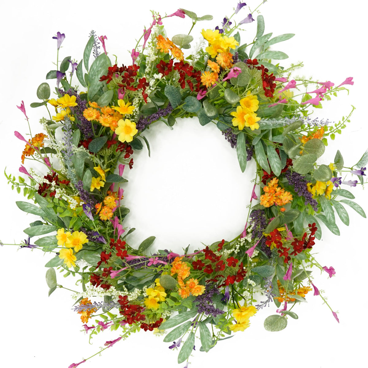 AMF0RESJ yellow daisy wreath on front door brightens entryway with sunny charm.