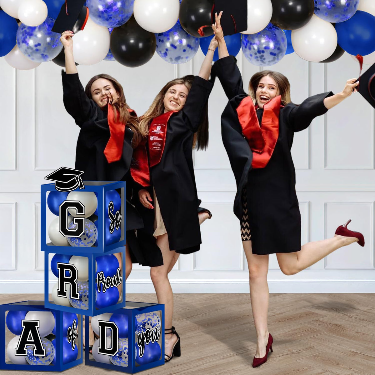 AMFEOV blue graduation balloons and letters elevate the ceremony decor.