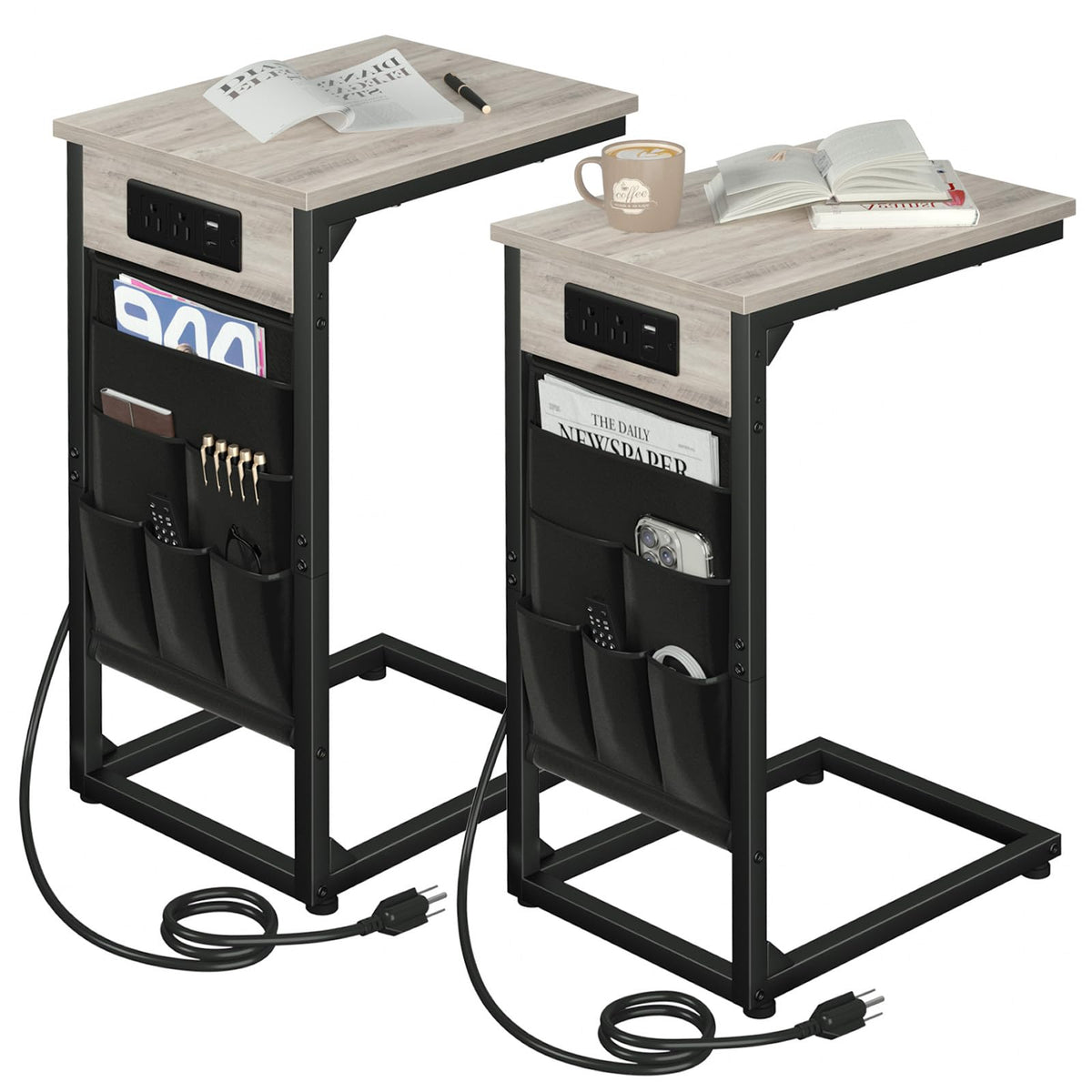 AMHANCIBLE C‑Shaped end table with charging dock slides under a sofa for easy power access.
