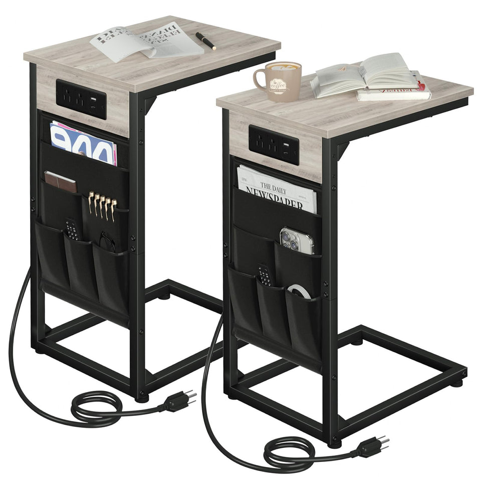 AMHANCIBLE C‑Shaped end table with charging dock slides under a sofa for easy power access.