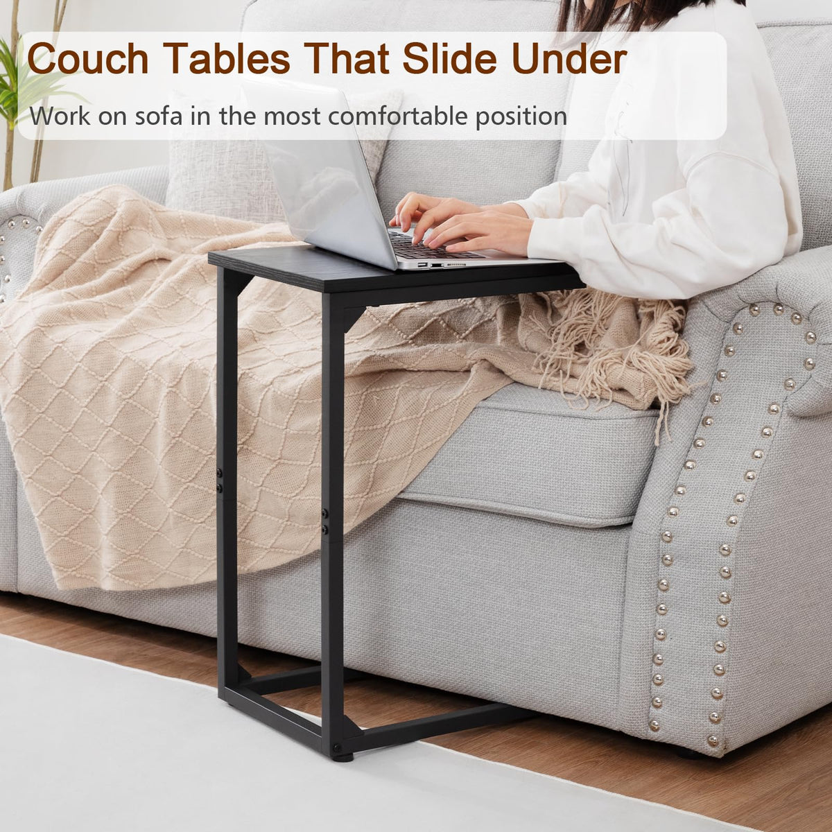 AMHANCIBLE C Shaped Side Table pulls out as a convenient TV tray beside the couch