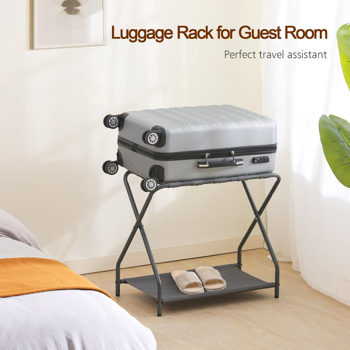 AMHANCIBLE guest-room luggage rack in use keeping suits accessible