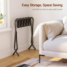 AMHANCIBLE luggage rack adjustable feet protect floors on uneven surfaces.