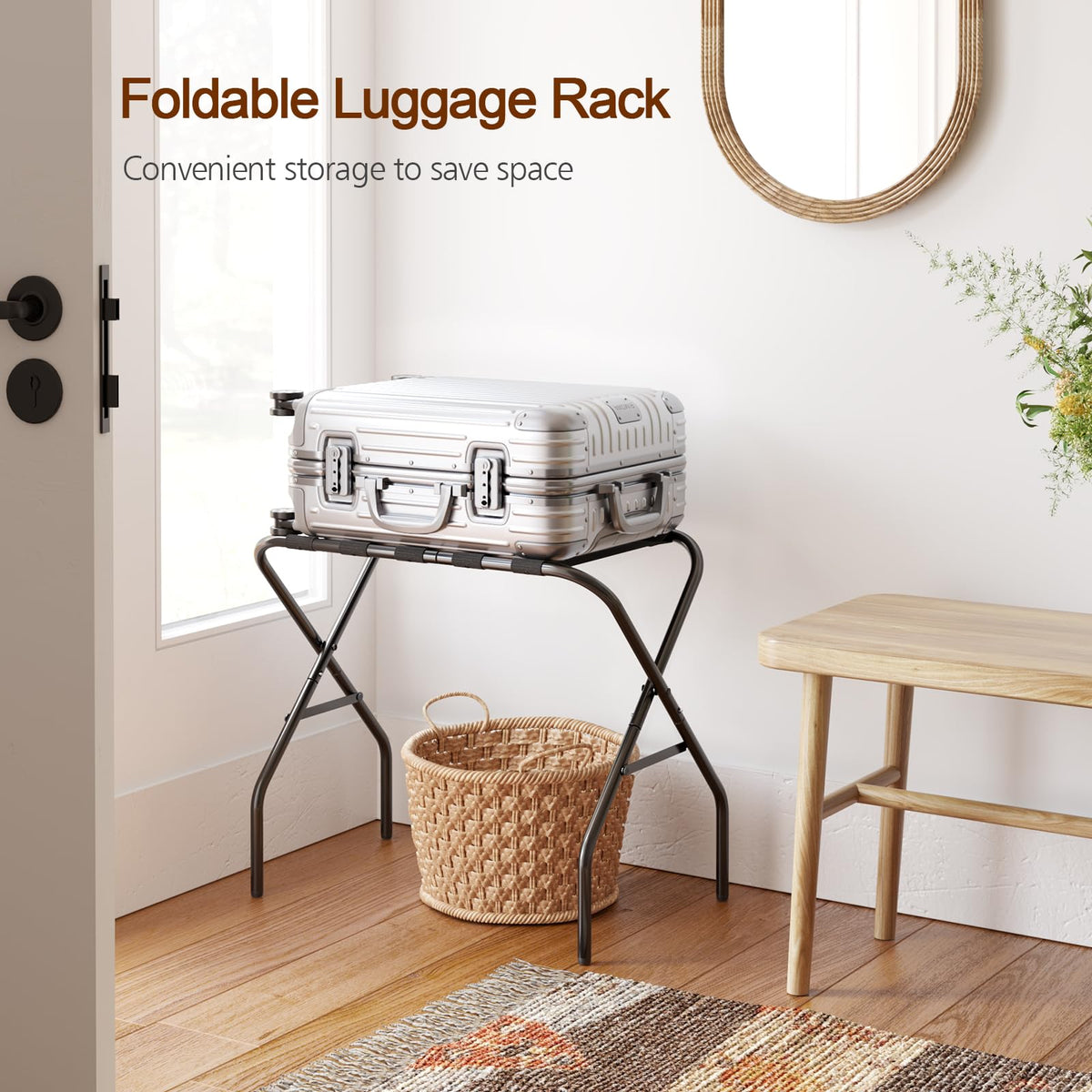 AMHANCIBLE luggage rack sturdy steel frame supports bags securely.