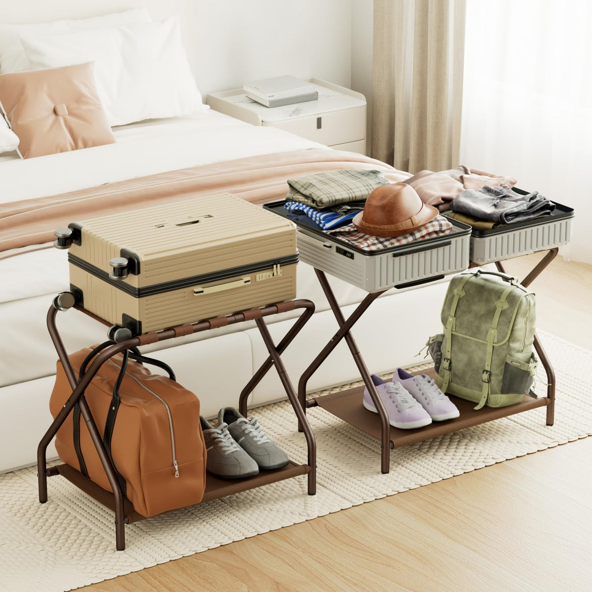 AMHANCIBLE luggage rack with top shelf supporting a suitcase.