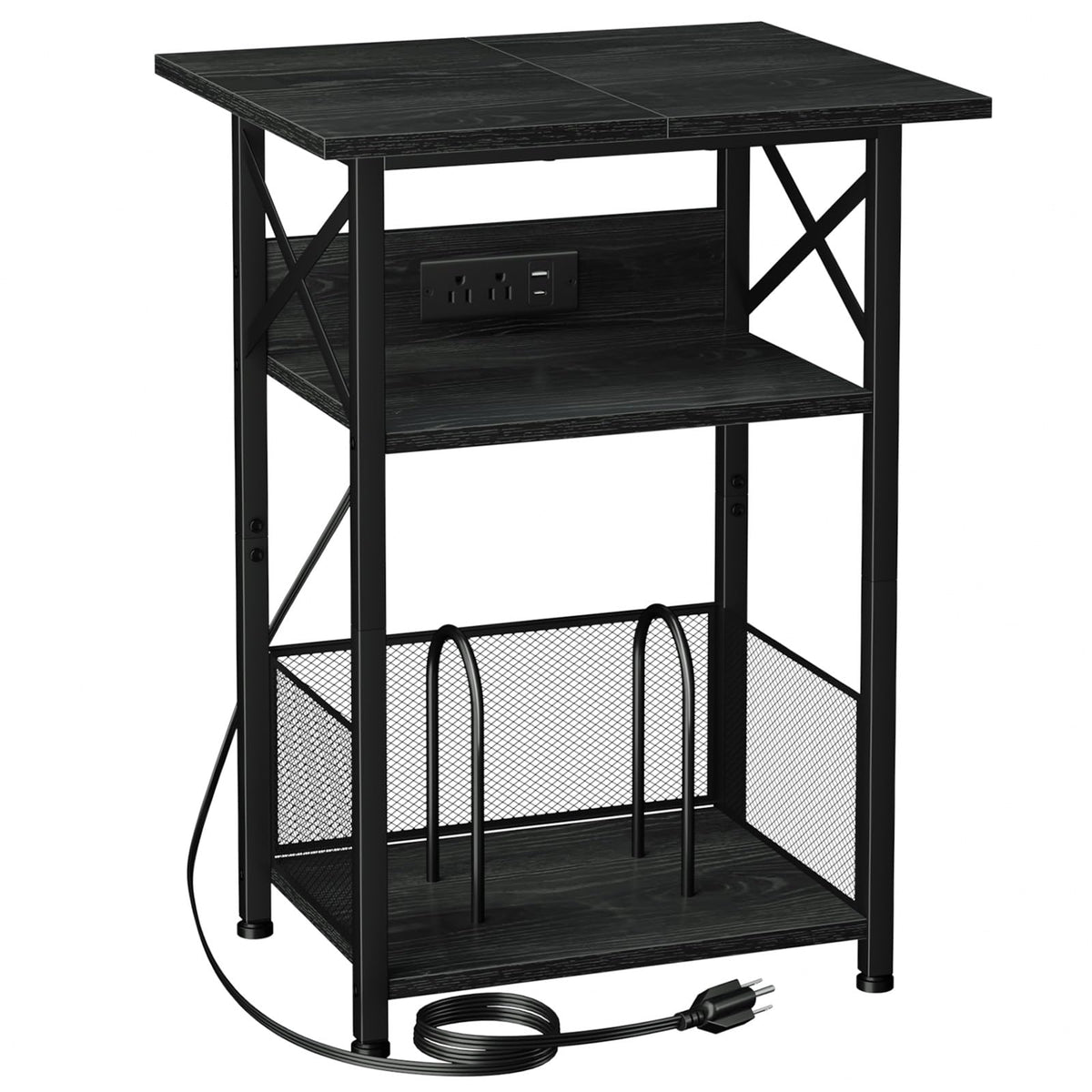 AMHANCIBLE record player stand with charging station; top view shows outlets for charging.