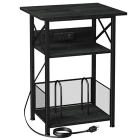 AMHANCIBLE record player stand with charging station; top view shows outlets for charging.