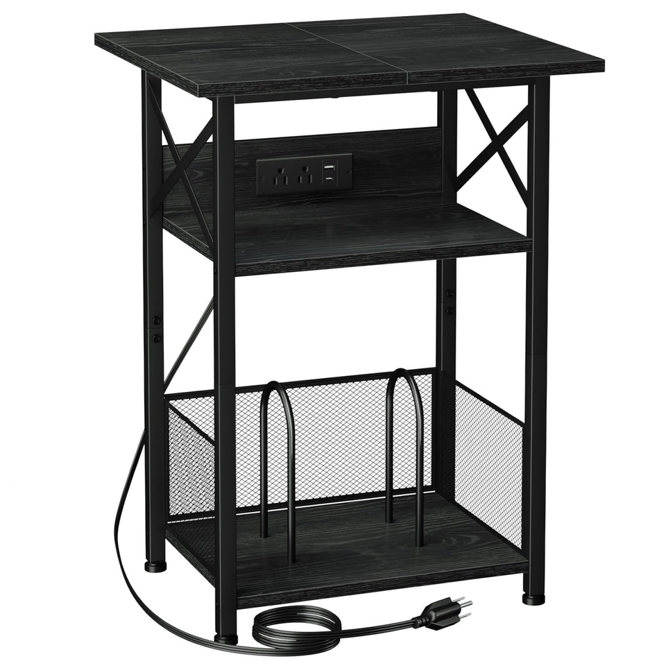 AMHANCIBLE record player stand with charging station; top view shows outlets for charging.