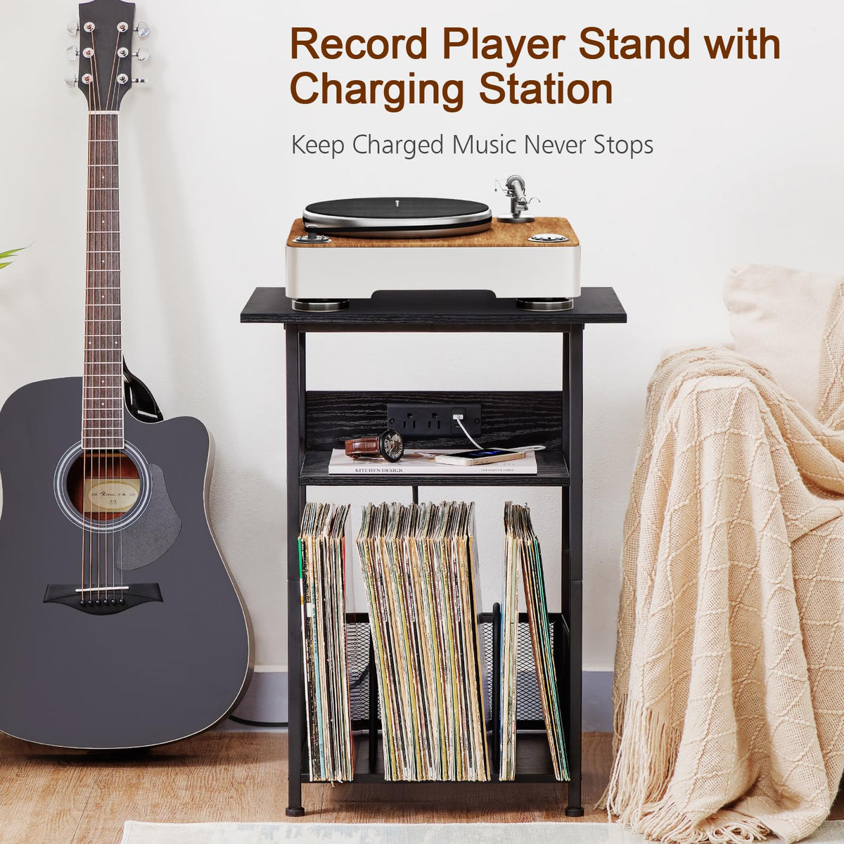AMHANCIBLE record player stand side view highlights sturdy steel frame and wide tabletop.